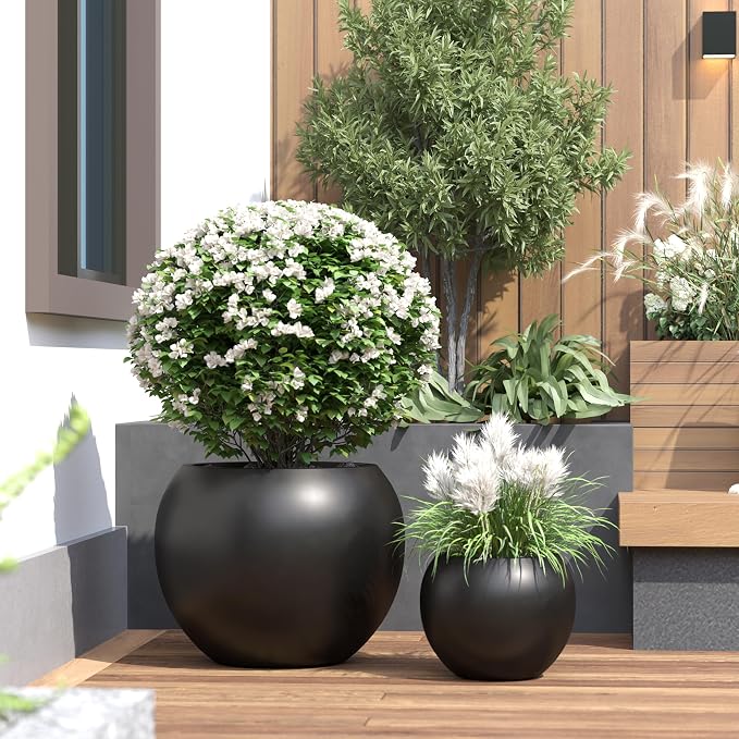 DTY Fiberstone Globe Planter Indoor Outdoor — Lightweight Sphere Ball Pot for Olive Tree, Monstera & Palm | Fiberglass Stone | UV Resistant, Drainage Hole | 2 Coco Mats | Black | 12.6" D × 10" H