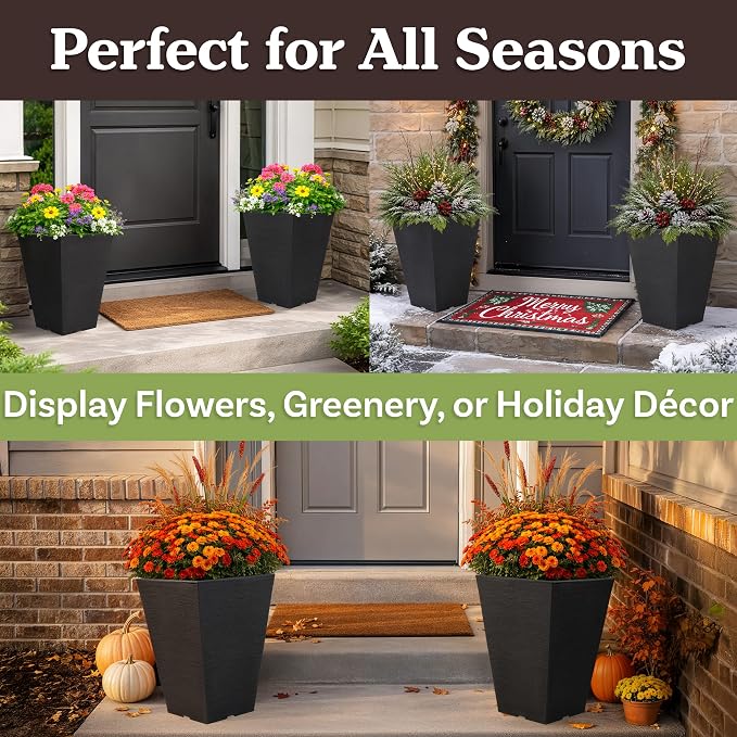 Large Outdoor Planters 2-Pack - 13.75-Inch Tall Planters for Outdoor Plants or Indoor Pots for Plants - Plastic Flower Pots for Patio, Entryway, or Front Porch Decor by Pure Garden (Gray)