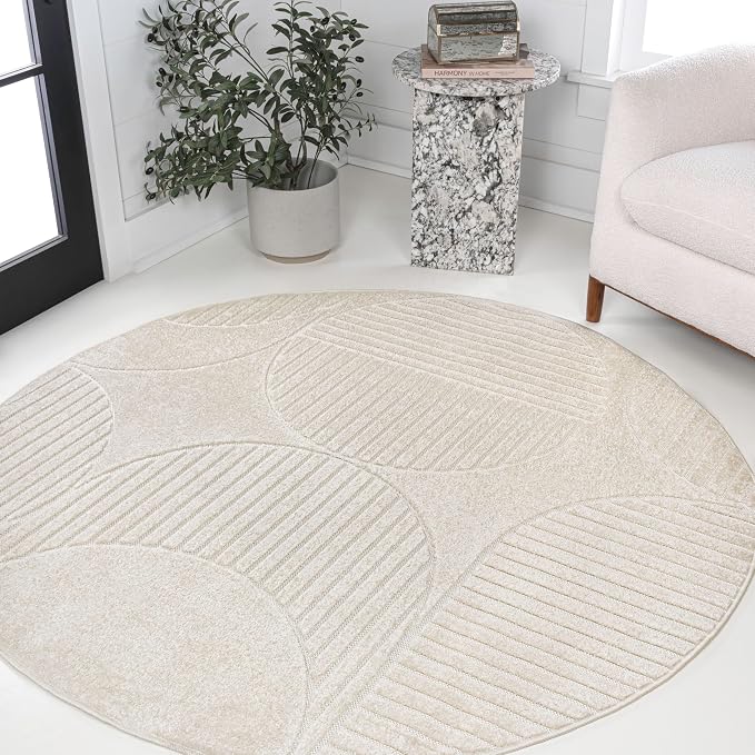JONATHAN Y Nordby High-Low Arch Striped Ivory/Cream 9' Round Indoor/Outdoor Area Rug, Pet Friendly, Non-Shedding, Stain Resistant, Easy-Cleaning for Backyard, Patio, (SCN104B-9R)