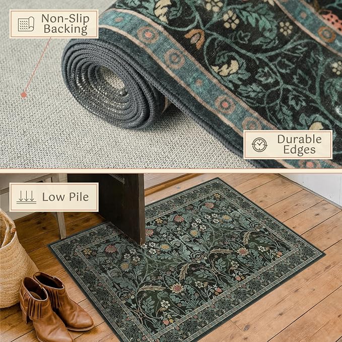 Dark Green 2'6"x12' Long Runner Rugs for Hallway, Washable Non Skid 12ft Wide Kitchen Runner Rug Vintage Floral Entryway Indoor Mat Décor,Soft Low Pile Stain Resistant Carpet