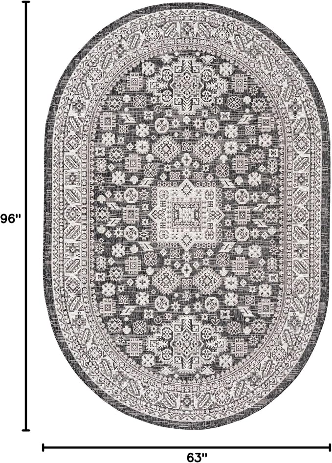 Unique Loom Outdoor Aztec Collection Area Rug - Chalca (5' 3" x 8' Oval, Charcoal Gray/ Ivory)