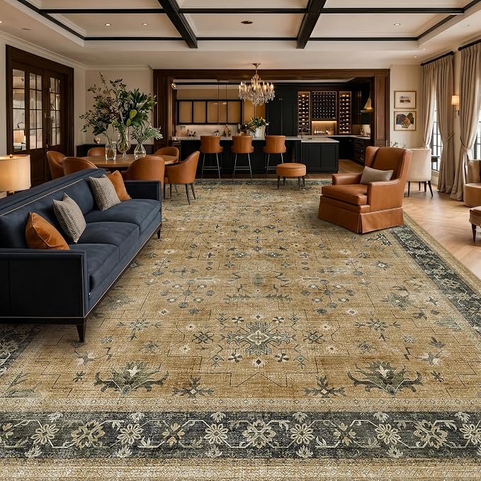 Washable 9x12 Living Room Rug - Vintage Extra Large Area Rugs for Dining Room Under Table, Rustic Brown and Charcoal Olive Low Pile Carpet for Bedroom Under the Bed, Non-Slip Stain & Fade Resistant