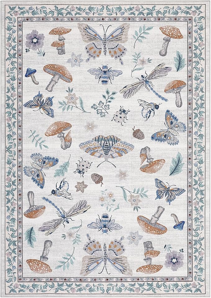 ROYHOME Washable Rug 5x7 Area Rugs for Living Room, Mushroom Insect Rug for Bedroom, 5x7 Rug Non Slip Throw Rugs with Rubber Back, Low Pile Stain Resistant Modern Carpet for Dining Room Dorm,Beige