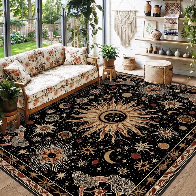 Vacuum-Friendly, 5x7 Washable Area Rug, Black Gold Beige Red | Sun and Moon Boho Gothic Non-Slip Low Pile Living Roon Bedroom Dining Room Kitchen Entry Entryway Entrance Hallway Doormat