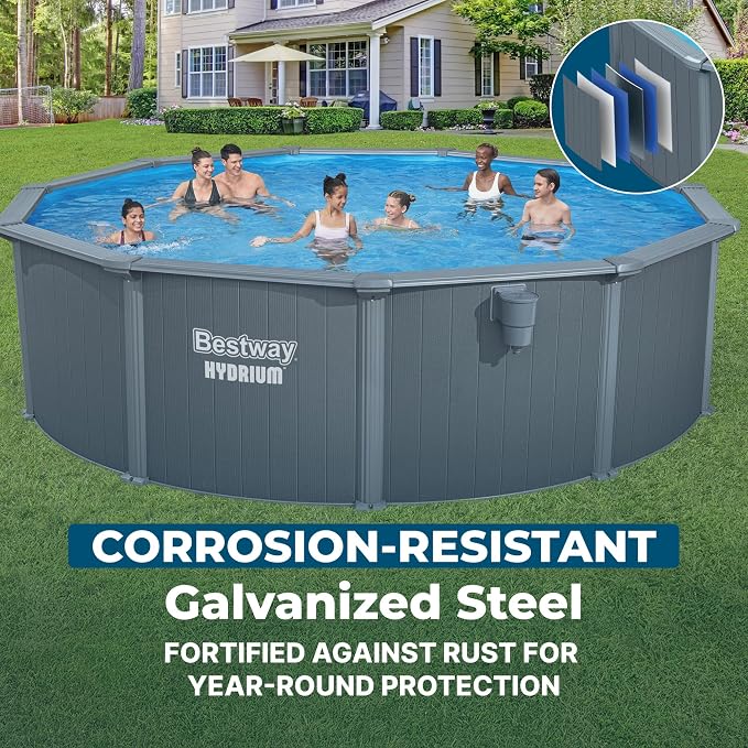 Bestway Hydrium 16' x 52" Above Ground Pool, Round Steel Side Wall Frame Outdoor Swimming Pool Set with Sand Filter Pump, Polysphere Filtration Balls, Ladder & Accessories