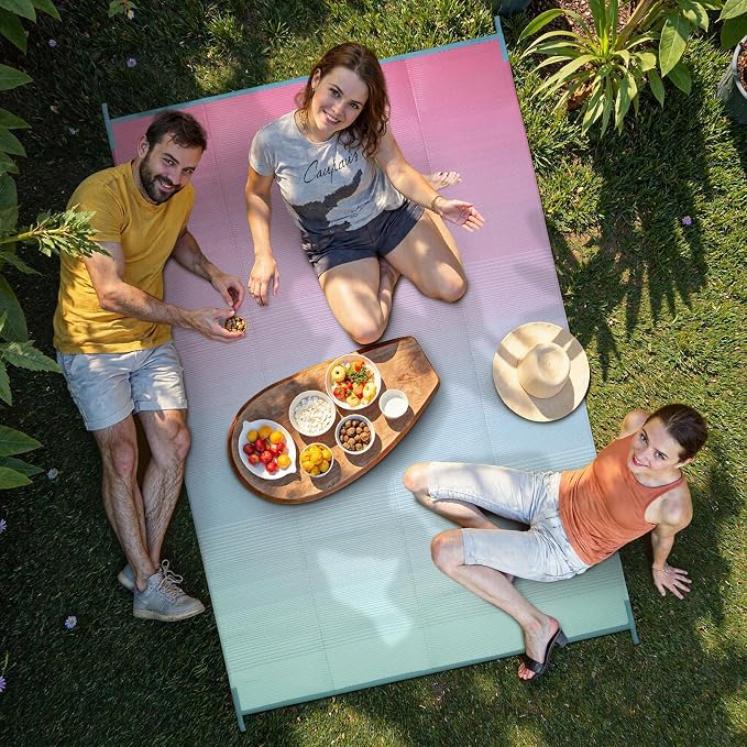 Lahome 6x9 Outdoor Rugs for Patios Outside, Plastic Straw Stain Resistant Rug Reversible Rv Mat, Porch Floor Carpets for Camping Deck Balcony Tent, Pink Green 6'x9'