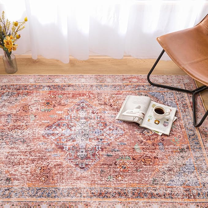 Phantoscope Washable Area Rug 6'x9' Non-Slip, Vintage Neutral Fall Rugs for Living Room, Bedroom, Dining Room, Distressed Boho Medallion Pattern, Low-Pile Foldable Floor Carpet, Rust Orange