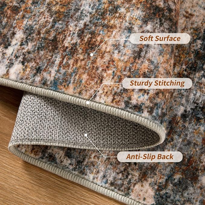 Tangsoo Abstract 3x5 Washable Area Rug, Modern Non Slip Accent Rugs | Contemporary Print Indoor Carpet, Soft Low Pile Foldable Rugs for Living Room Bedroom Bedside Entryway Rust Grey Home Decor