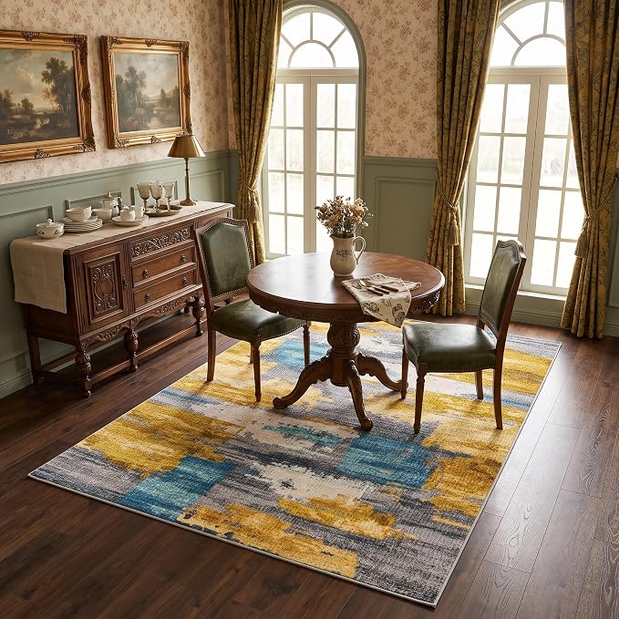 5x7 Blue and Gold Abstract Brushstroke Area Rug for Living Room | Soft Low-Pile Machine-Washable Rug with Non-Slip Backing for Bedrooms, Dining Rooms and Home Offices, Designed for Easy Care