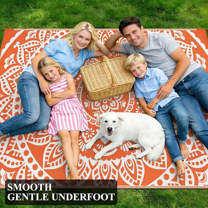 Bsmathom Waterproof Outdoor Rug 8'x10' Reversible Boho Plastic Straw Patio Deck Camping Rugs, Indoor Outdoor Portable RV Mat Clearance Carpet for Outside, Porch, Balcony, Backyard, Beach, Pool,Orange