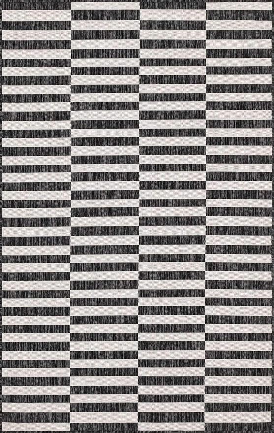 Unique Loom Outdoor Striped Collection Area Rug - Striped (5' 1" x 8' Rectangle, Charcoal/Ivory)
