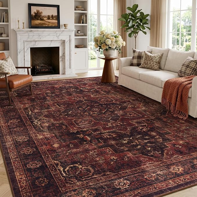 8x10 Dark Red Rugs for Living Room, Vintage Distressed Oriental Medallion Washable Large Rug for Bedroom Under Bed, Traditional Moody Low Pile Thin Soft Carpet Rugs for Dining Room Office