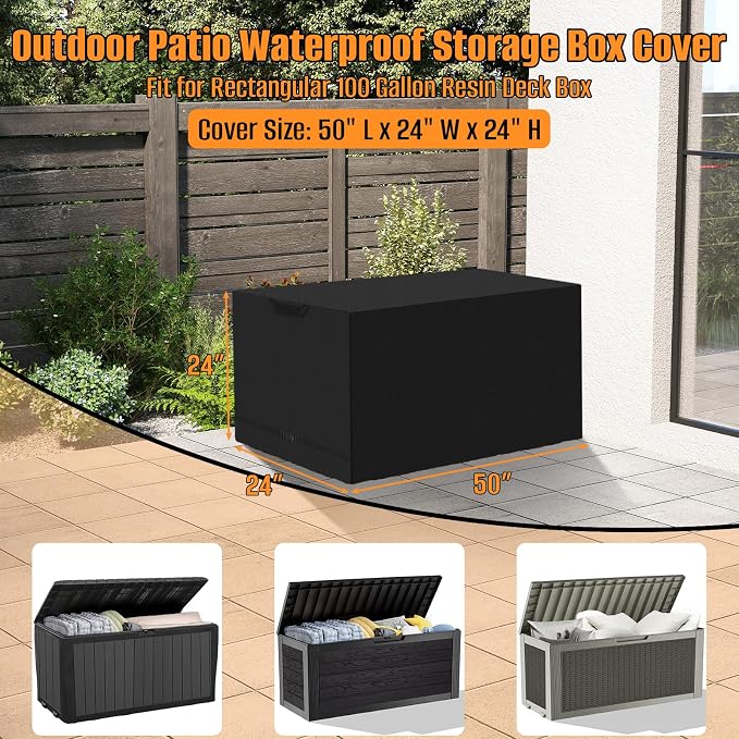 Kovshuiwe Deck Box Cover 50" L x 24" W x 24" H, 600D Oxford Cloth | 100 Gallon Deck Storage Box Bin Cover Keeping for Rectangular Resin Storage Box, Patio Bin Container Boxes Covers, Black