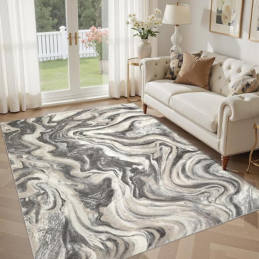 DMOYEST 5x7 Area Rug for Living Room Washable Abstract Indoor Carpet | Neutral Modern Low Pile Rugs Kid & Pet Friendly Soft Thin Carpet for Bedroom Dining Room and Office - Ash Grey