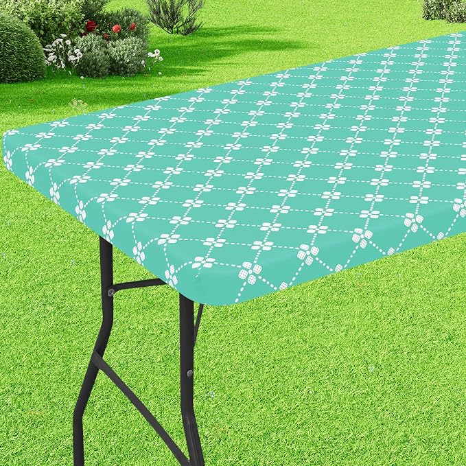 misaya Rectangle Vinyl Table Cloth, Elastic Fitted Tablecloth with Flannel Backing, Waterproof Plastic Table Cover Fits 6 Foot Folding Tables for Picnic, Camping, Indoor and Outdoor (Aqua, 30" x 72")