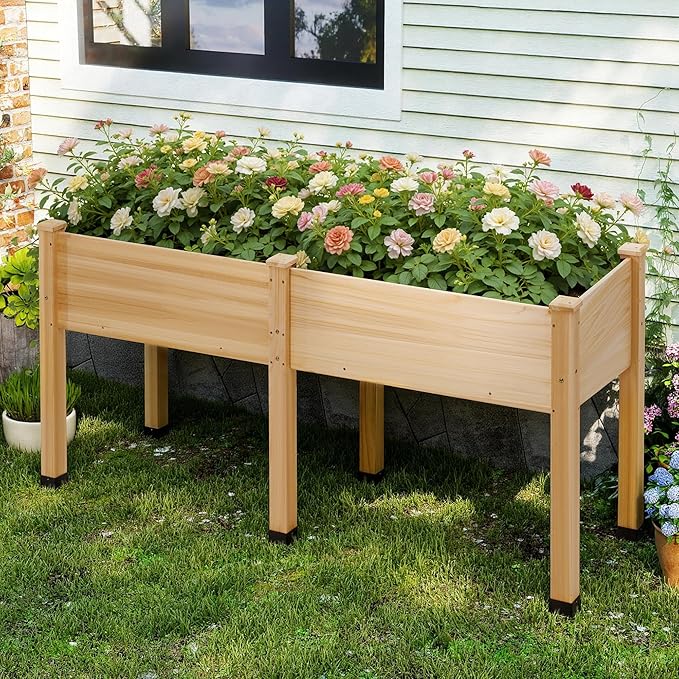 AMERLIFE Raised Garden Bed, 72x24x30 Inches Elevated Wood Planter Box with Legs, Bed Liner, Divider and Drainage System for Backyard, Patio, 300 lb Capacity - Light Wood