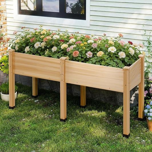 AMERLIFE Raised Garden Bed, 72x24x30 Inches Elevated Wood Planter Box with Legs, Bed Liner, Divider and Drainage System for Backyard, Patio, 300 lb Capacity - Light Wood