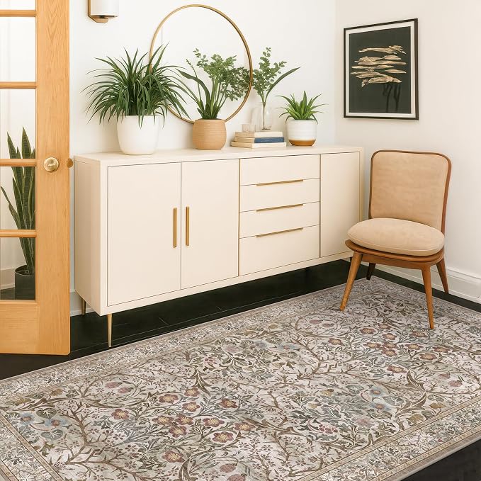 Vintage Moss Green 3x6 Runner Rugs for Large Entryway, Bedroom Beside Rug, Kitchen, Non-Slip Low Pile Ultra Soft Stain Resistant Small Floral Neutral Carpet
