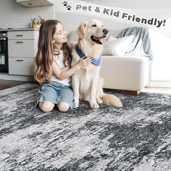 pmtsns Area Rugs 10x14 Living Room: Washable Rug Modern Abstract Neutral Soft Non-Slip Low-Pile Indoor Large Carpet for Bedroom Dining Room Playroom Home Office (Black Grey, 10'x14')