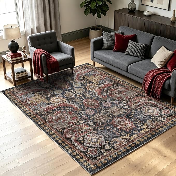 Washable Area Rugs - Perfect for Living Room, Bedroom, Kids Room, Nursery - Stain & Water Resistant Non-Slip, Pet & Child Friendly, Vintage Tribal Area Rugs (Rust, 5' x 7')
