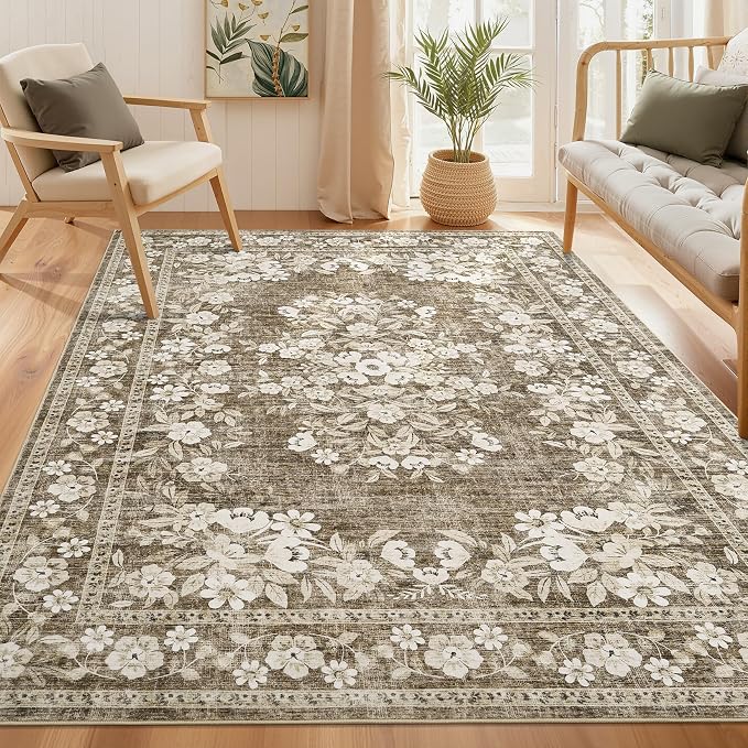 GarveeHome 9x12 Rug for Luxury Living Room Vintage Leaf Flower Carpets | Distressed Botanical Brown Rugs for Large Guest Room Non-Slip Low Pile Vintage Floral Bordered Area Rug for Office Dining