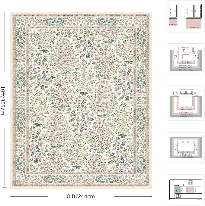 8x10 Area Rugs, Machine Washable Low Pile Floral Rugs for Living Room, Bedroom, Large Boho Area Rug with Non-Slip Backing for Dining Room(Pink Floral)