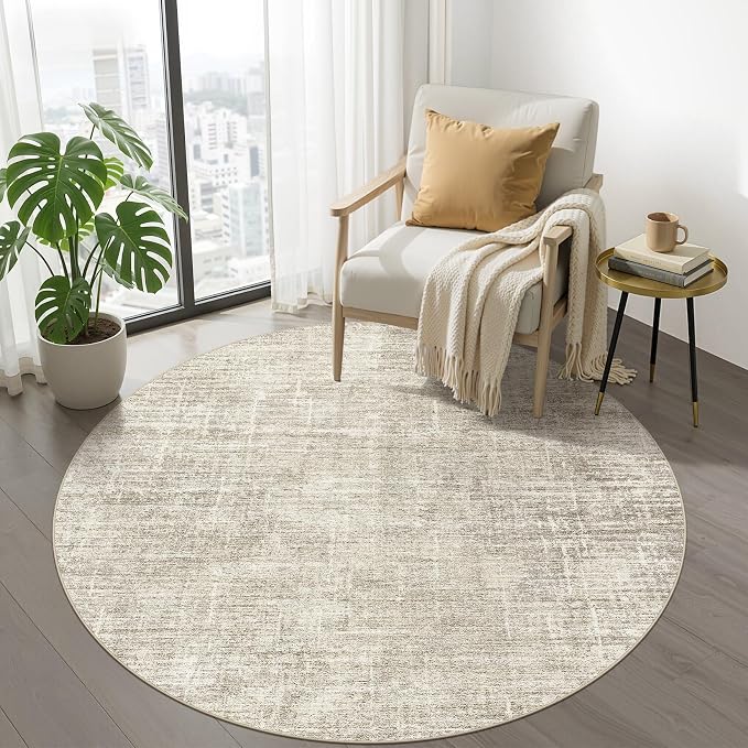 LOONGRUG Round Rug 5x5 Washable Neutral Modern Rug for Living Room Brown | Circle Abstract Soft Stain Resistant Indoor Non-Slip Carpet for Bedroom Nursery Kids Office Playroom
