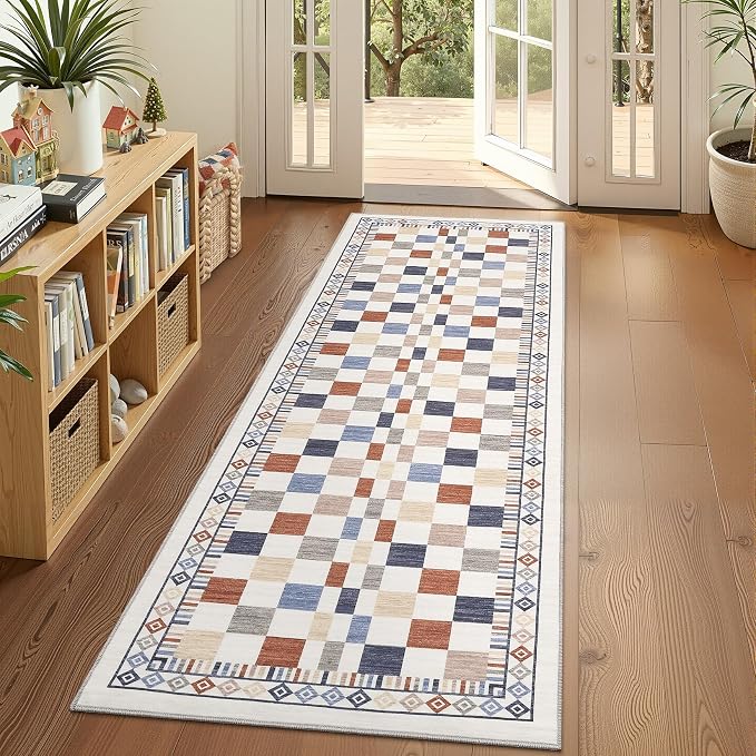GarveeHome 2x6 Runner Rug for Kitchen Bath Modern Abstract Checkered Rug | Machine Washable Carpets for Nursery Room Non-Slip Low Pile Contemporary Multi-Color Laundry Room Area Rug for Kids Room