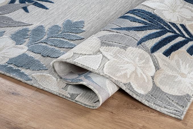 Outdoor Rug 10x14 Washable Area Rugs Indoor Outdoor Carpets Blue Border Floral Non Shedding Waterproof Easy Clean Patio Deck Porch Living Room Bedroom Garden RV (10 X 14 Blue)