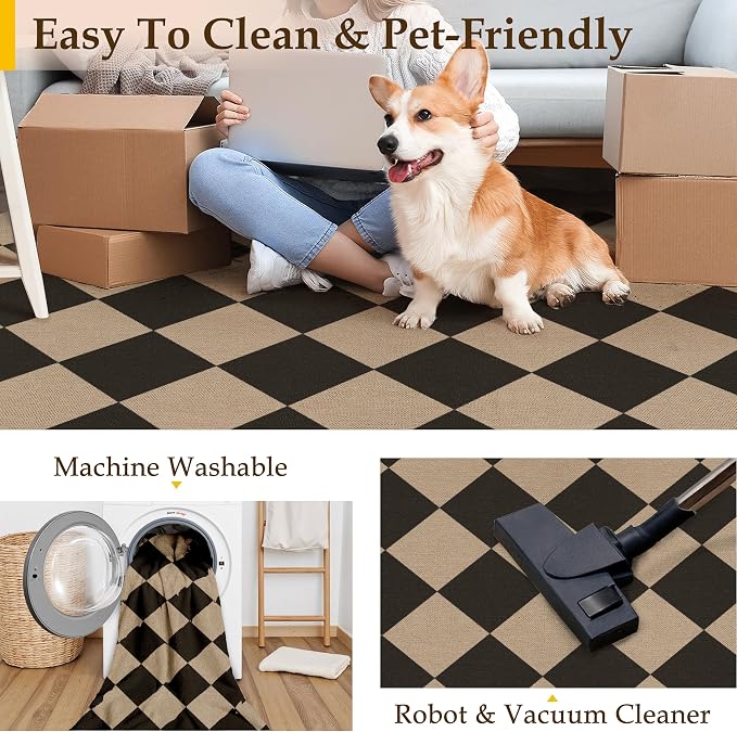 PureCozy 2x6 Checkered Easy Jute Runner Rug Non Slip Hallway Kitchen Washable Outdoor Rug for Entryway Indoor Checkerboard Black Indoor Outdoor Carpet for Bedside Entry Front Door Porch