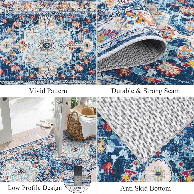 U'Artlines 2' x 6' Boho Hallway Runner Rug Non Slip Washable Runners,Blue | Vintage Farmhouse Kitchen Rug Accent Area Carpet for Entryway Laundry and Living Room