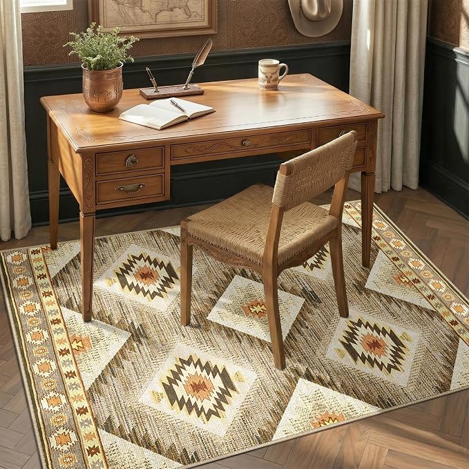 Area Rug 3x5 Machine Washable Non-Slip Low Pile Print Pattern Western Rug for Living Room Bedroom Entryway Tribal Series Cream/Camel | Soft Western No Slip Low Pile Print Foldable Indoor for Kitchen Dining Room