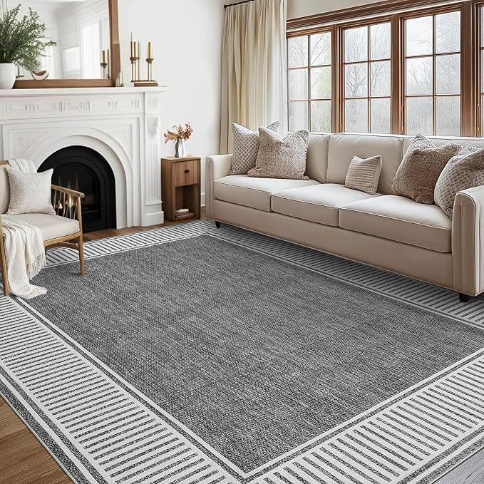 GarveeHome Living Room Area Rug 8x10 Modern Striped Border Throw Carpet | with Rubber Backing Low Pile Stain Resistant Dining Room Rug Contemporary Bordered Carpet for Home Office, Grey