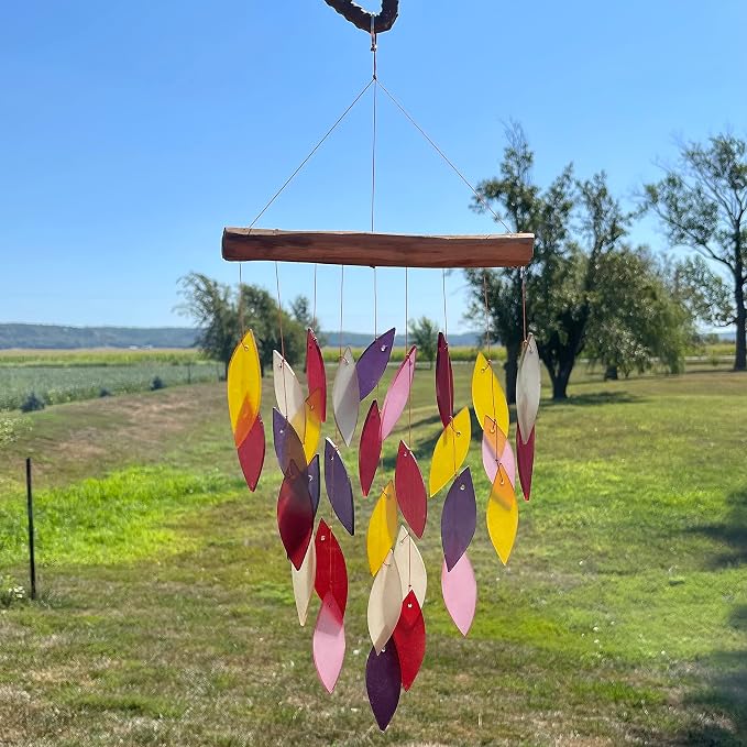 Blue Handworks Fiesta Waterfall Glass Wind Chime | Handcrafted Waterfall Glass Wind Chime in Rich Crimson, Eggplant Purple, Blush Pink, Burgundy and Golden Amber