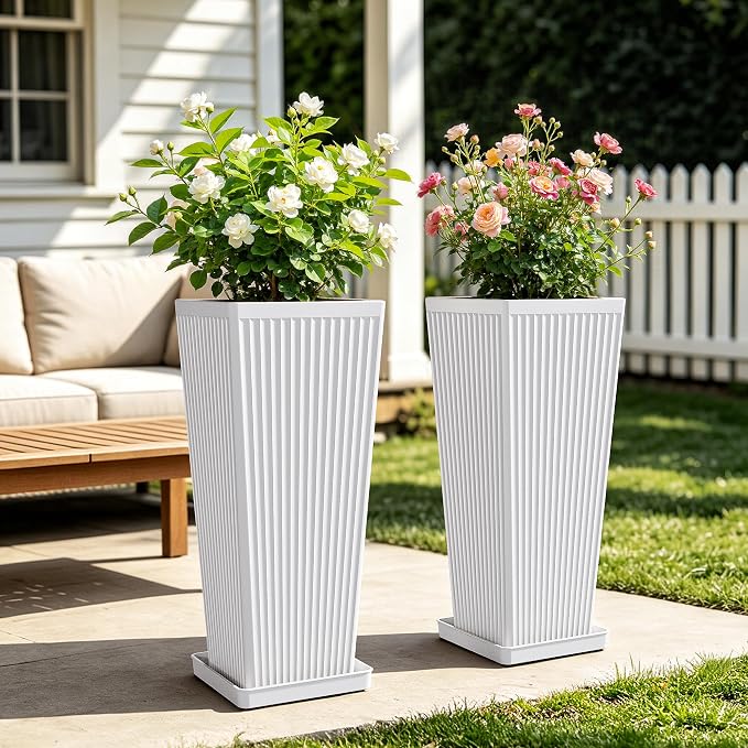Front Porch Planters Outdoor Set of 2, 24" Tall Plastic Planters for Outdoor Plants with Drainage, Extra Large Outdoor Planter Pots, Tapered Tall Planters for Front Door & Indoor Plants, White