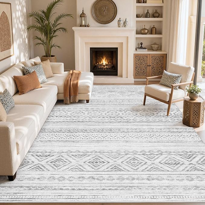 cotiled Boho 7x9 Area Rug for Living Room: Large Moroccan Washable Rug | Solve Modern Neutral Trendy Home Decor - Stain Resistan Indoor Carpet for Bedroom Dining Room Light Grey