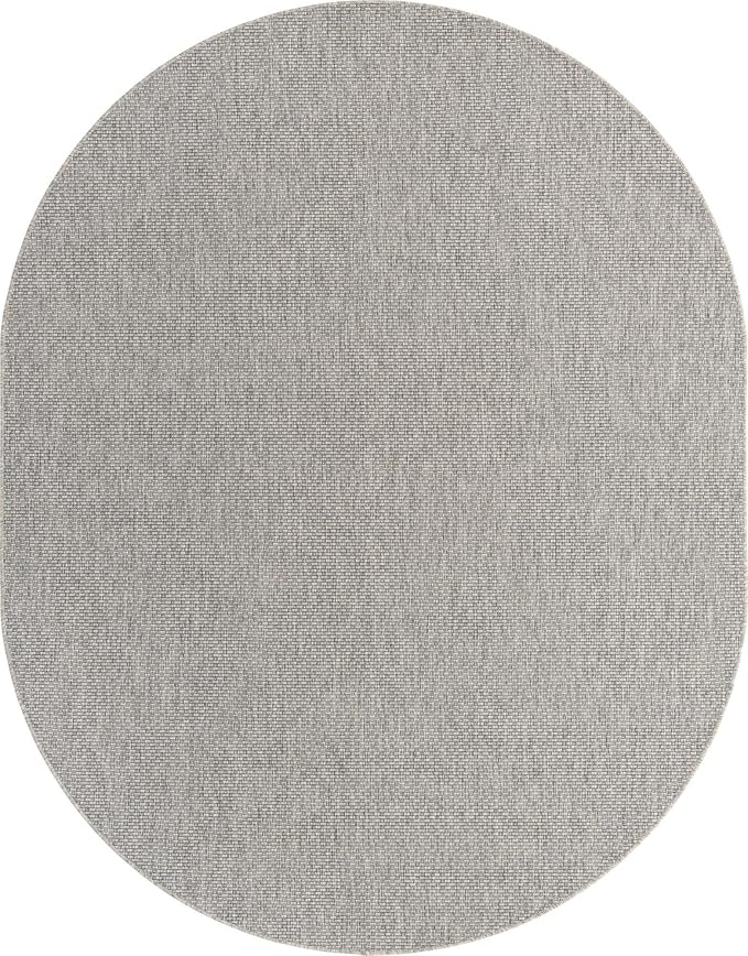 Unique Loom Collection Casual Transitional Solid Heathered Indoor/Outdoor Flatweave Area Rug (7' 10" x 10' Oval, Light Gray/Ivory)