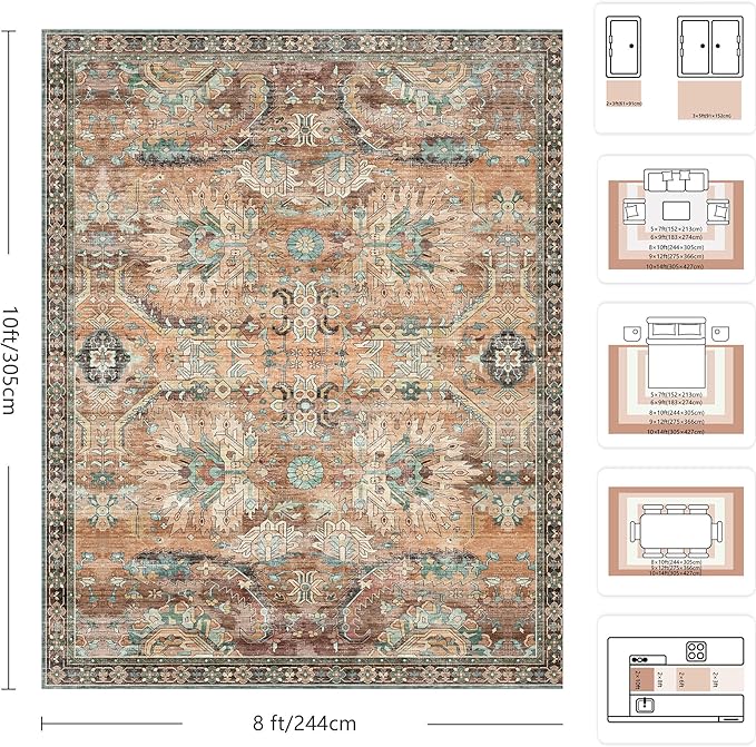 8x10 Area Rugs, Vintage Retro Soft Washable Rug, Non-Slip Low Pile Rugs for Living Room, Bedroom, Dining Room, Stain Resistant Home Decor Rug (Vintage Orange/Brick)
