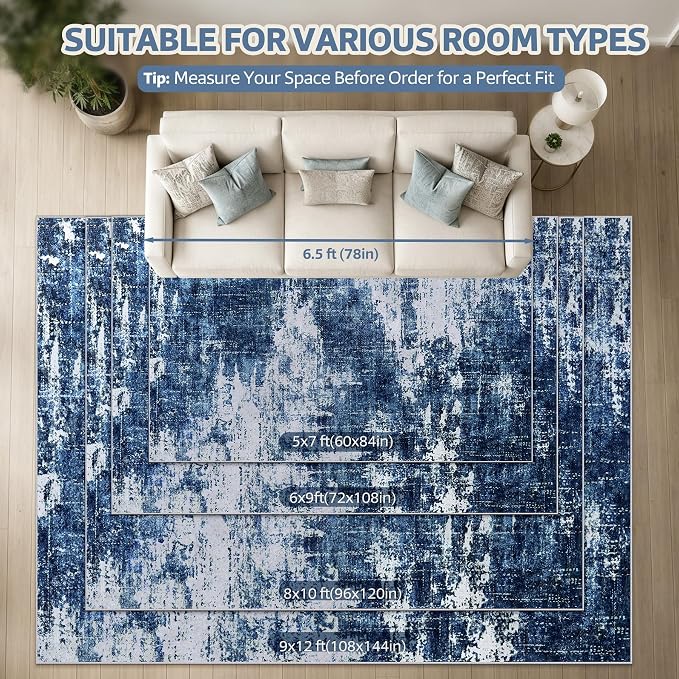 9x12 Washable Area Rug Modern Abstract for Living Room Bedroom Deep Blue | Soft Indoor Carpet,Anti-skid Backing,Water Repellent,Non-shedding, Suitable for bedroom dining farmhouse nursery home office