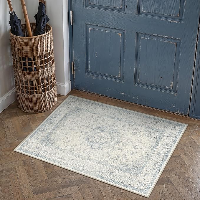 2x3 Blue Washable Area Rug Non Slip Vintage Carpet | Low Pile, Stain Resistant, Living Room, Kitchen, Bedroom, Entryway, Nursery, Laundry Room, Hallway, Soft, Thin, Lightweight