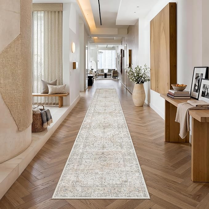 2'6x14 Washable Runner Rug Beige Grey Non Slip Vintage Carpet | Low Pile, Stain Resistant, Kitchen, Bedroom, Entryway, Laundry Room, Hallway, Soft, Thin, Lightweight