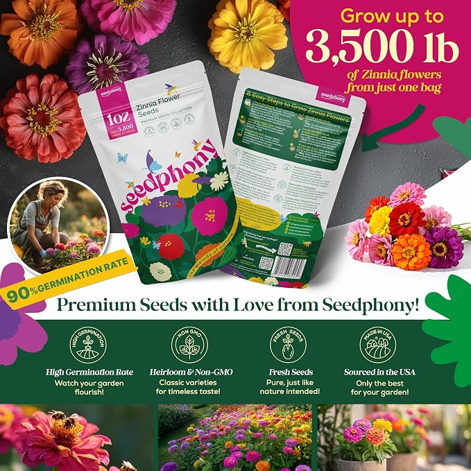 Seedphony Zinnia Seeds Pack 1 oz - 3,800 Non-GMO Heirloom Zinnia Seeds for Planting, Perennial Flowers in Waterproof Seed Packet, Wildflower Seeds for Planting Garden Indoor & Outdoor Gardening