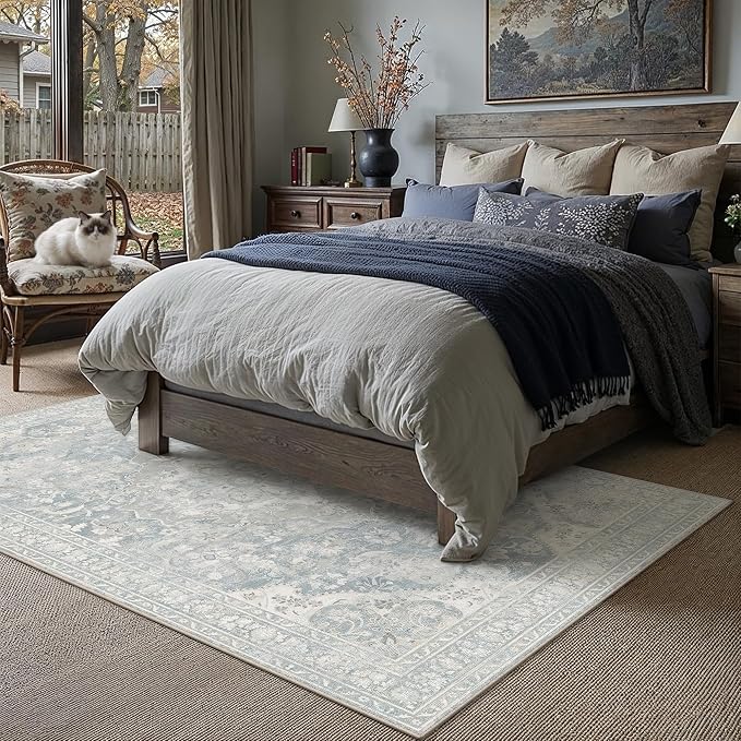 Blue Area Rug 6x9 Living Room Vintage Floral Non-Slip Carpet | Machine Washable, Soft, Low Pile, Distressed, Large for Bedroom, Dining Room, Office, Retro Neutral Decor