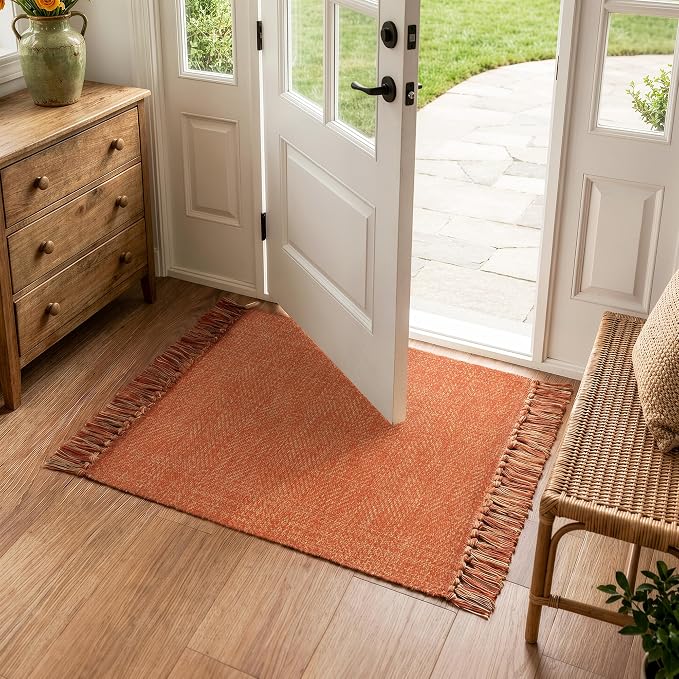 Fall Bathroom Rug 2' x 3', Small Boho Farmhouse Kitchen Rugs | Hand-Woven Washable Entryway Rugs, Reversible Low Profile Front Door Mat, Terracotta Fall Carpet for Porch Back Bedroom Decor