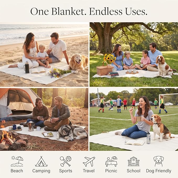 White Picnic Blanket & Beach Mat – Canvas, Machine Washable, Large 4’9” × 6’3”
