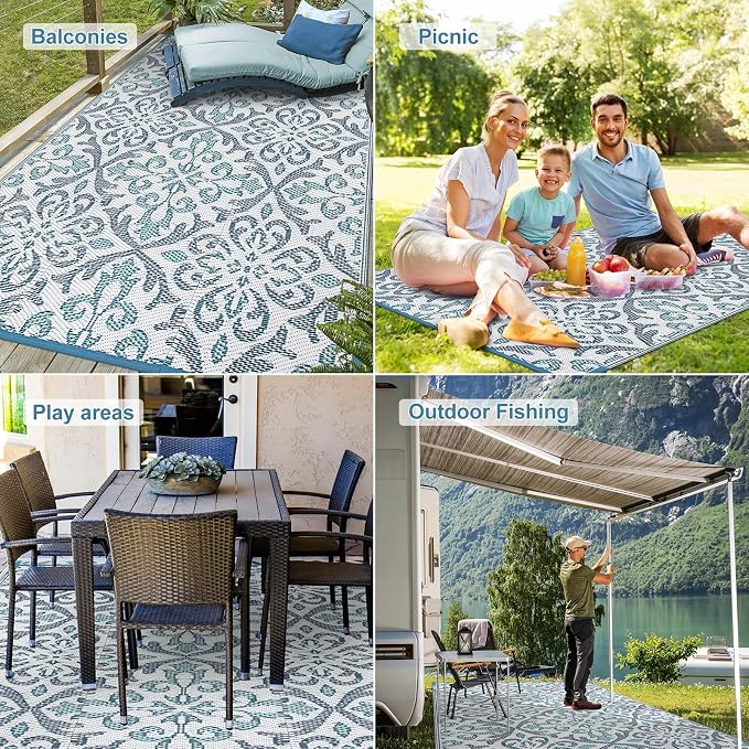 Lahome Patio Rug 6x9 Deck Rugs Outdoor Waterproof for Outside, Plastic Straw Rug Reversible Rv Mat,Large Portable Porch Floor Camping Carpet for Balcony Tent, Blue & White 6x9