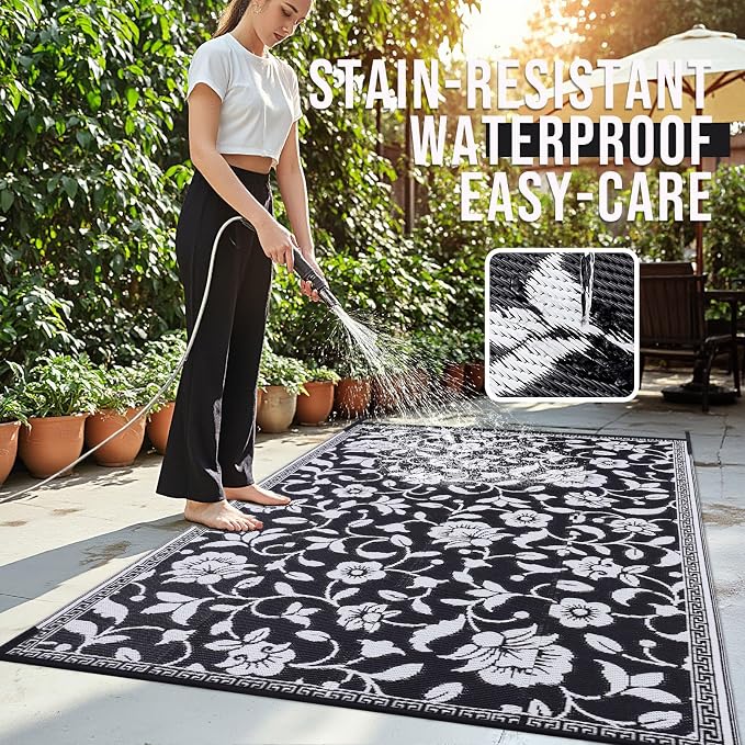 OLANLY Waterproof Outdoor Rug 6x9 ft, Outdoor Plastic Straw Rug with Flower Pattern, Reversible RV Mat for Patio, Camping, Balcony, Deck, Backyard, Black & White