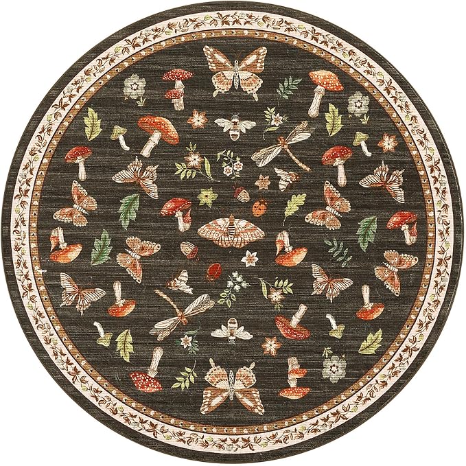Mushroom Insect 3ft Round Rug Washable Non-Slip Soft Ultra-Thin Small Boho Circle Carpet for Entryway Kitchen Bedroom Nursery Dining Room Brown
