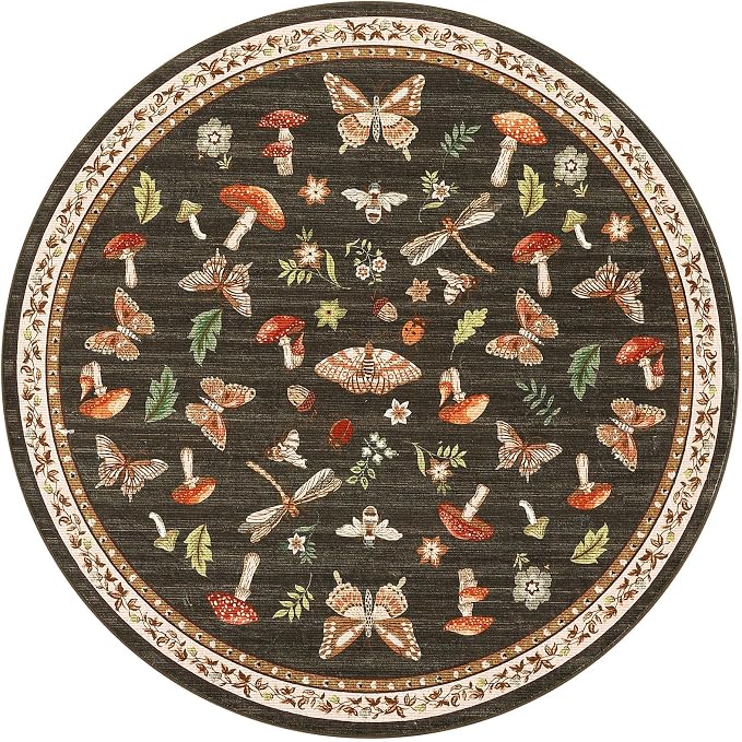 Mushroom Insect 6ft Round Rug Washable Non-Slip Soft Ultra-Thin Boho Circle Carpet for Living Room Bedroom Kitchen Nursery Dining Room Brown