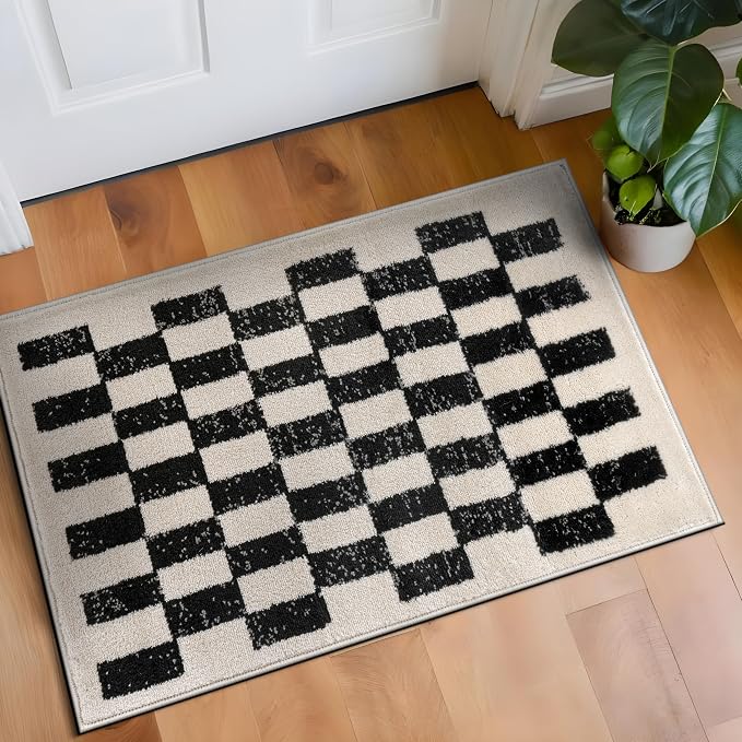 Rugshop Contemporary Checkered Grid Contrast Area Rug Soft Black 2' x 3' | Rectangular, Size 2' x 3', Living Room, Bedroom, Dining Room, Home Office, Kitchen, Entryway, Hallway, Nursery, Kids Room